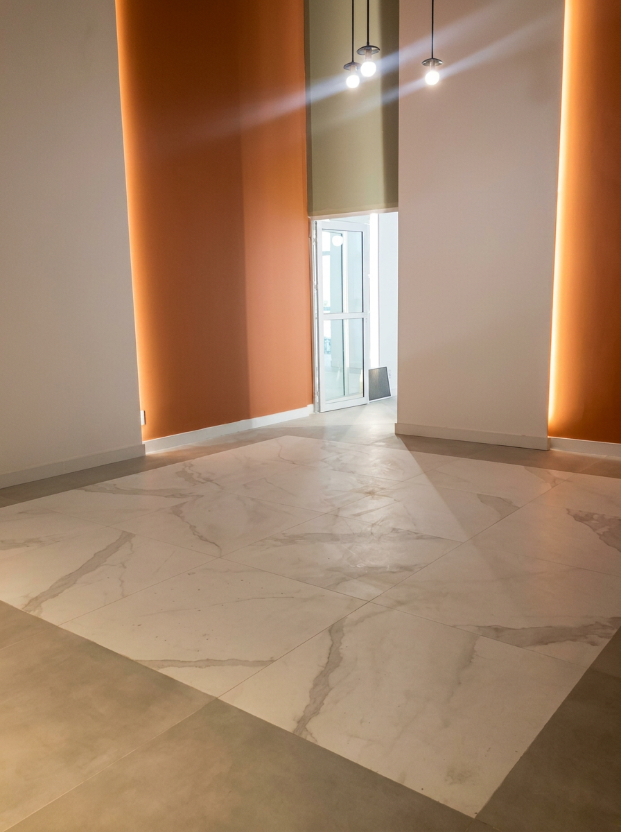 Piso porcelanato marmorizado e iluminação
