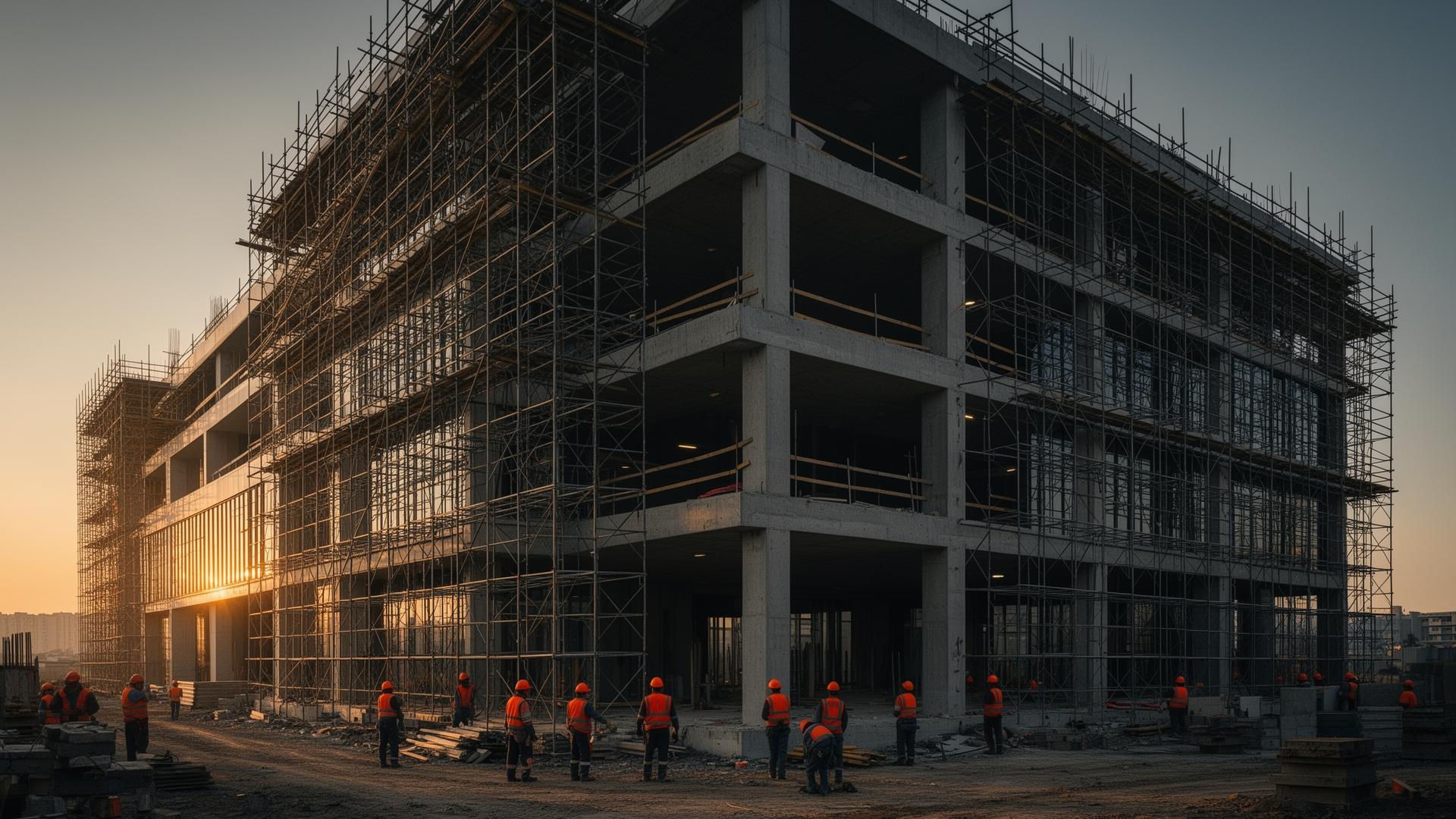 Prédio comercial em fase de estrutura e acabamento ao entardecer
