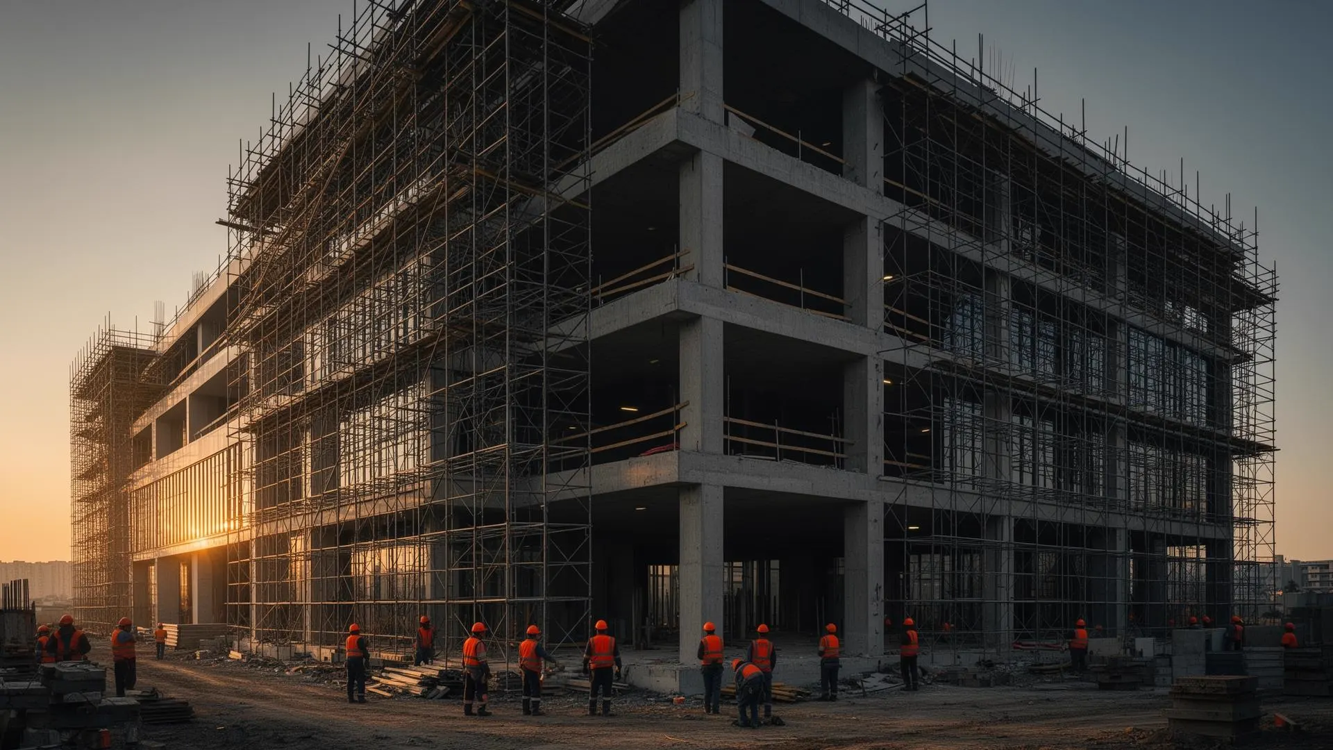 Prédio comercial em fase de estrutura e acabamento ao entardecer